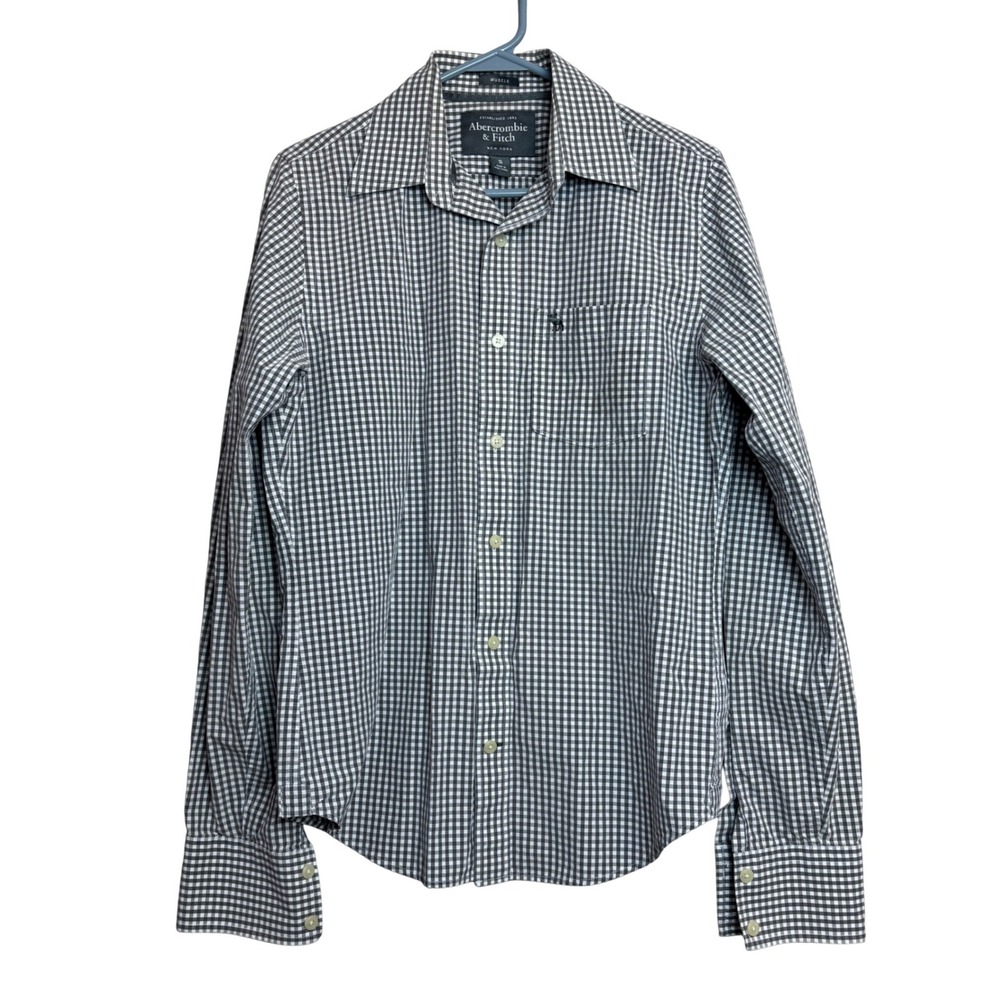 Abercrombie & Fitch Button Down Shirt Mens Small S Gray White Gingham Muscle Fit